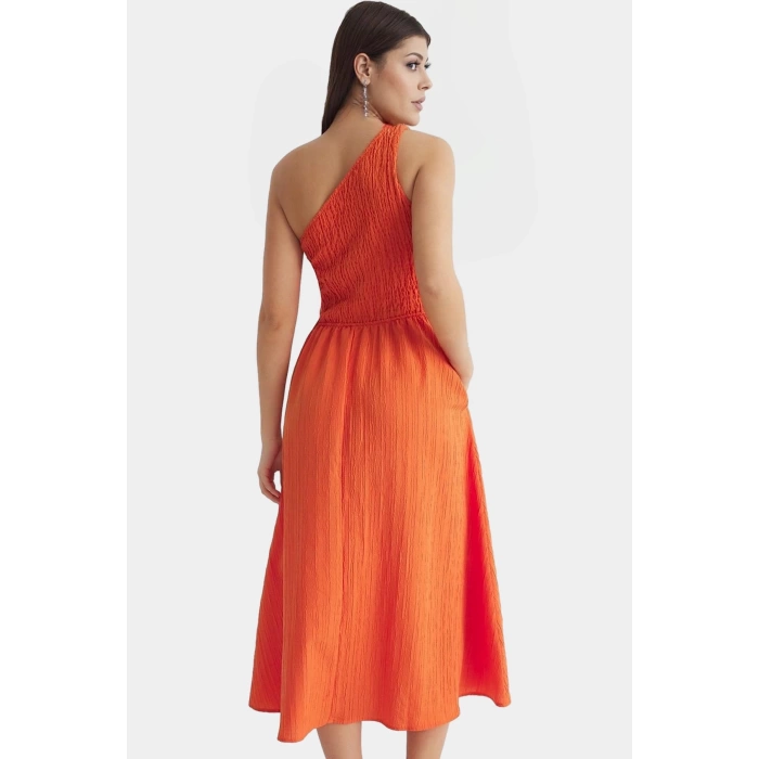 Şık ve Rahat Yazlık Midi Elbise Tek Omuz Polyester Kaliteli İşçilik Zarifane Tasarım