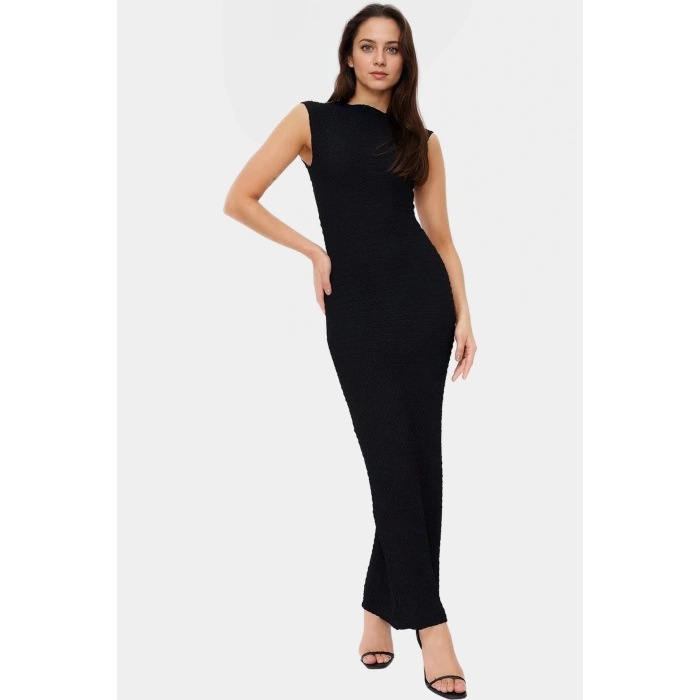 Şık Yazlık Örme Midi Elbise Bodycon Kalıp Kayık Yaka Esnek Kumaş Rahat Ve