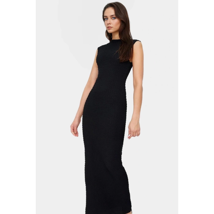 Şık Yazlık Örme Midi Elbise Bodycon Kalıp Kayık Yaka Esnek Kumaş Rahat Ve