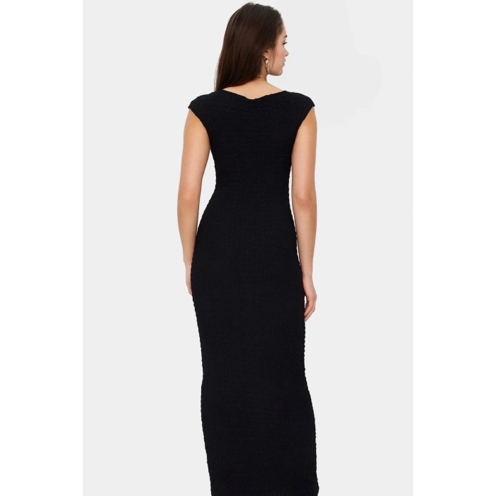 Şık Yazlık Örme Midi Elbise Bodycon Kalıp Kayık Yaka Esnek Kumaş Rahat Ve