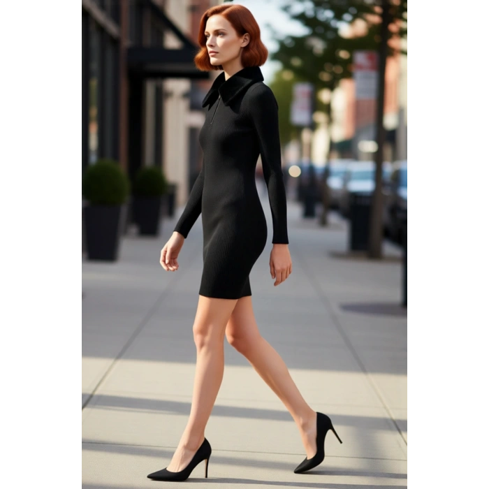 Siyah Kadın Bodycon Triko Mini Elbise Fermuarlı Polo Yaka Uzun Standart Kollu Suni Kürk Detaylı