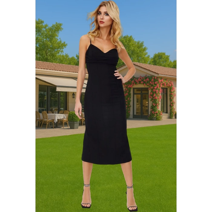 Siyah Vücuda Oturan Midi Dokuma Elbise Mezuniyet Balo Modern Stil Şık Görünüm Şık Görünüm
