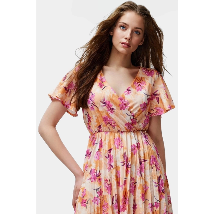 Skater Elbise Kısa Kollu Piliseli Örme Midi Astarlı Yazlık Profesyonel Görünüm Modern Stil