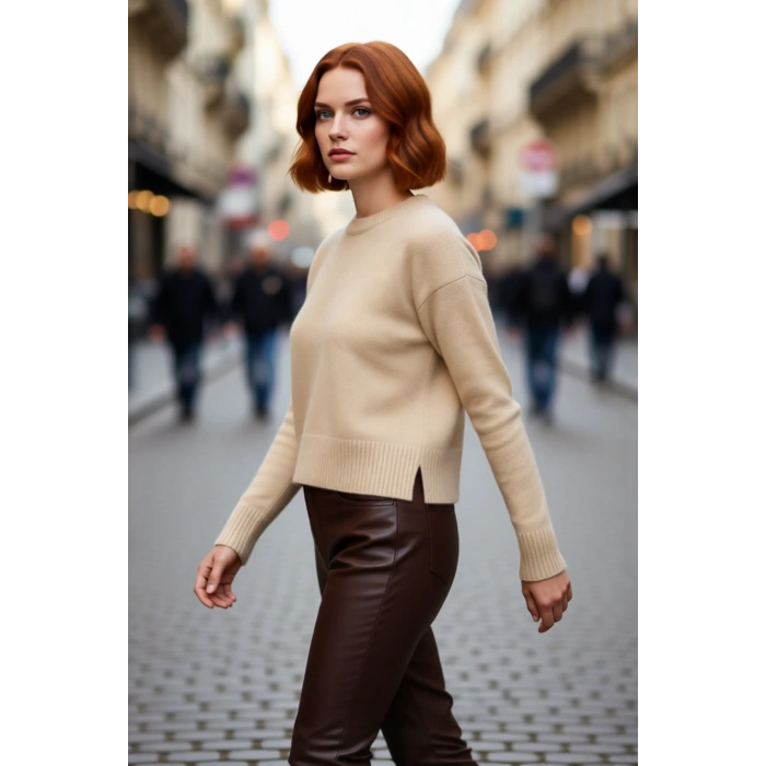 Soğuk Havalar İçin İdeal Kadın Oversize Crop Düşük Kol Bisiklet Yaka Triko Kazak Modeli Kaliteli