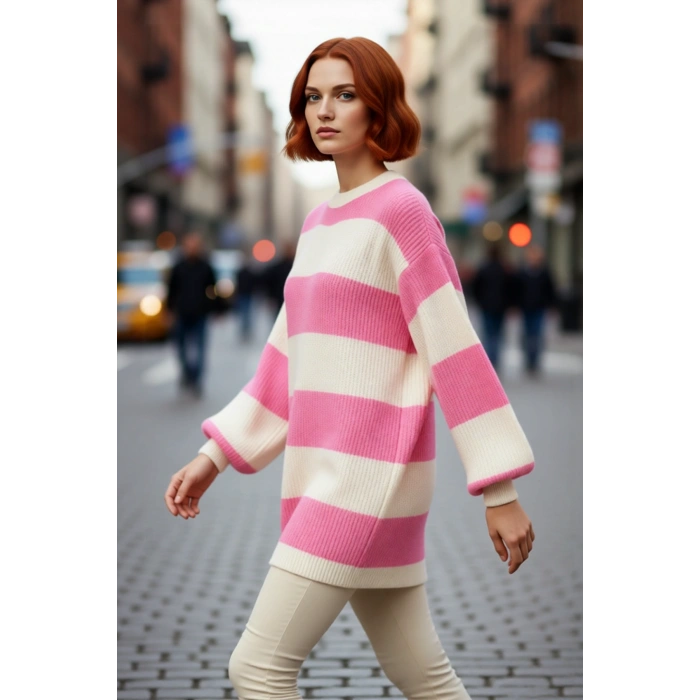 Soğuk Havalar İçin Kadın Relaxed Kesim Düşük Kol Çizgili Selanik Örgü Bisiklet Yaka Kazak Kaliteli