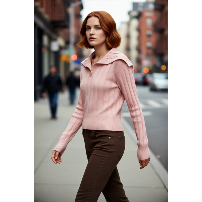 Soğuk Havalar İçin Lacivert Kadın Regular Kalıp Düşük Kol Crop Devrik Yaka Triko Kazak. Kaliteli