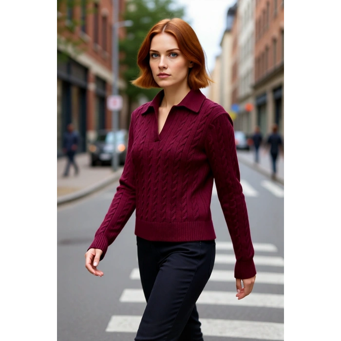 Soğuk Havalara Özel Kadın Regular Kalıp Saç Örgüsü Polo Yaka Triko Kazak Rahat Şıklık Kaliteli