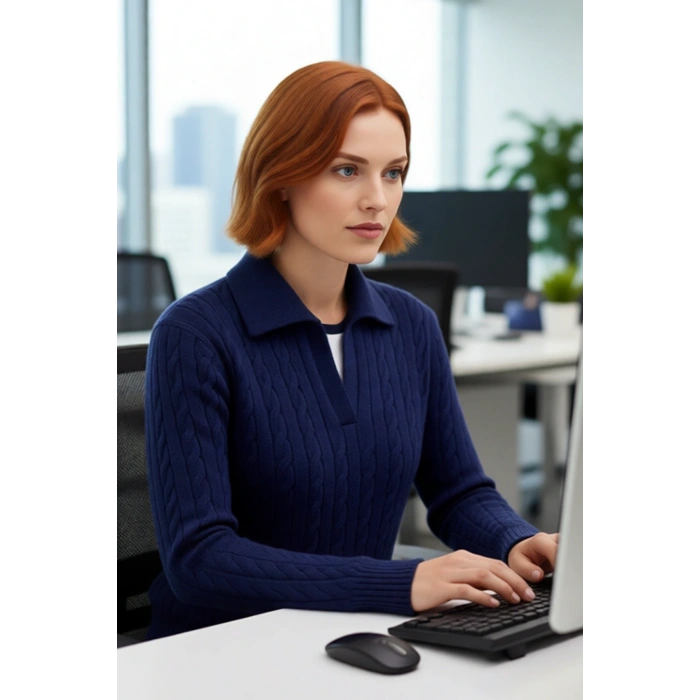 Soğuk Havalara Özel Kadın Regular Kalıp Saç Örgüsü Polo Yaka Triko Kazak Rahat Şıklık Kaliteli