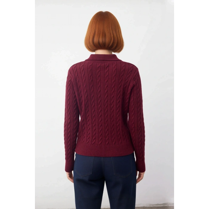 Soğuk Havalara Özel Kadın Regular Kalıp Saç Örgüsü Polo Yaka Triko Kazak Rahat Şıklık Kaliteli