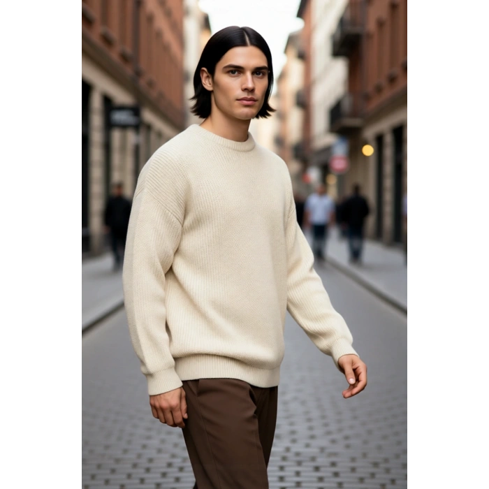 Soğuk Kış Günleri İçin Erkek Oversize Kalıp Bisiklet Yaka Rahat Triko Kazak Basic Stil Kaliteli