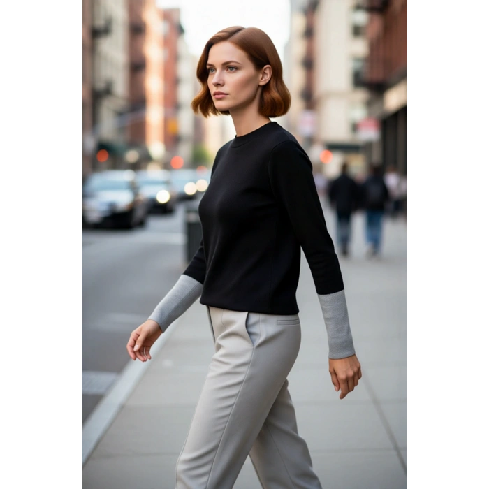 Soğuk Kış Günleri İçin Kadın Regular Kalıp Bisiklet Yaka Uzun Kollu Triko Renk Bloklu Kazak