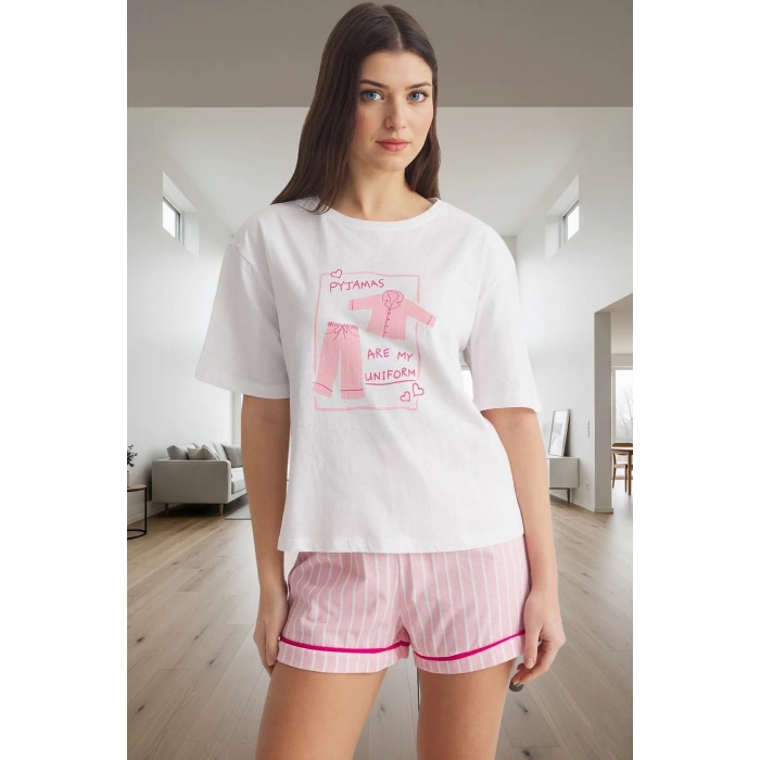 Şortlu Pijama Takımı %100 Pamuk Rahat Yazlık Çizgili Dayanıklı Malzeme
