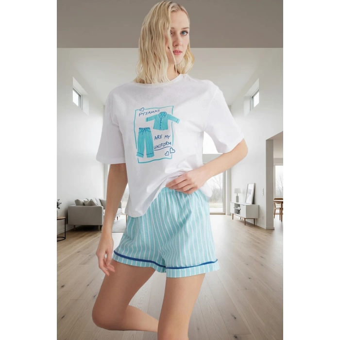 Şortlu Pijama Takımı %100 Pamuk Rahat Yazlık Çizgili Dayanıklı Malzeme