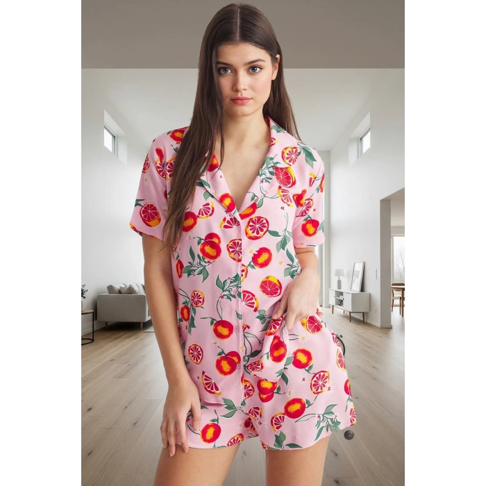 Şortlu Pijama Takımı Viskoz Kumaş Meyve Desenli Rahat Kalıp Özel Tasarım Dayanıklı Malzeme
