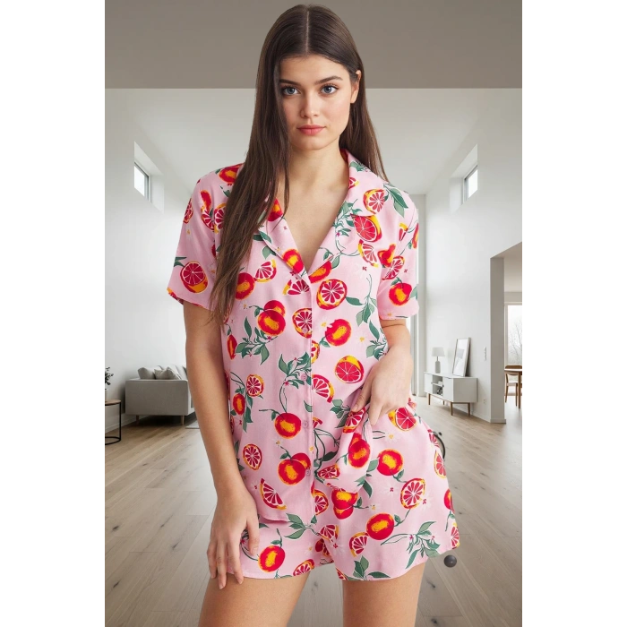 Şortlu Pijama Takımı Viskoz Kumaş Meyve Desenli Rahat Kalıp Özel Tasarım Dayanıklı Malzeme
