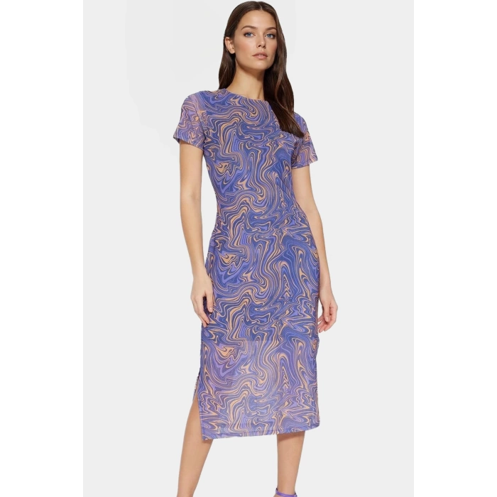 Soyut Desenli Bodycon Midi Elbise Nefes Alan Polyester Elastan Kumaş Dayanıklı Malzeme
