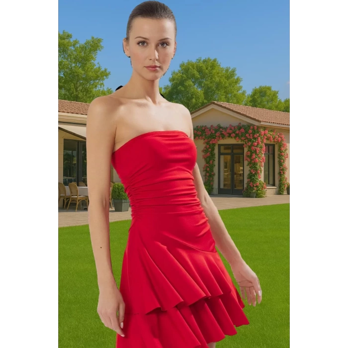 Straplez A Kesim Mini Örme Elbise Polyester Elastan Sandy Dokuma Günlük Kullanım İçin Uzun Ömürlü
