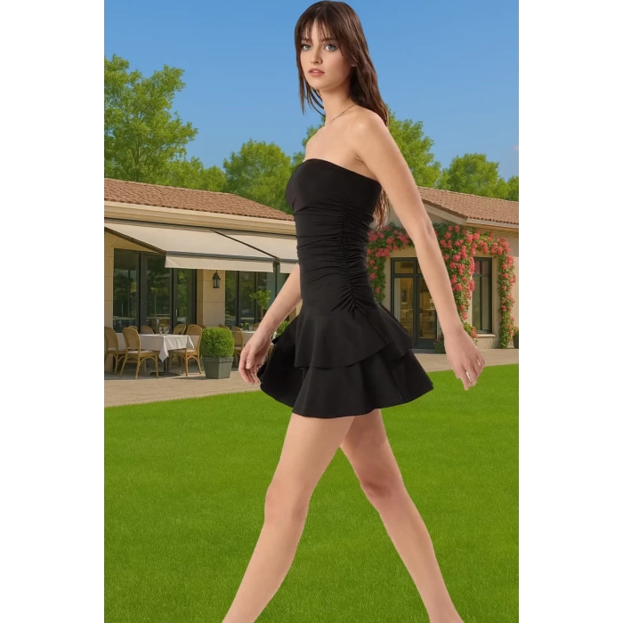 Straplez A Kesim Mini Örme Elbise Polyester Elastan Sandy Dokuma Günlük Kullanım İçin Uzun Ömürlü