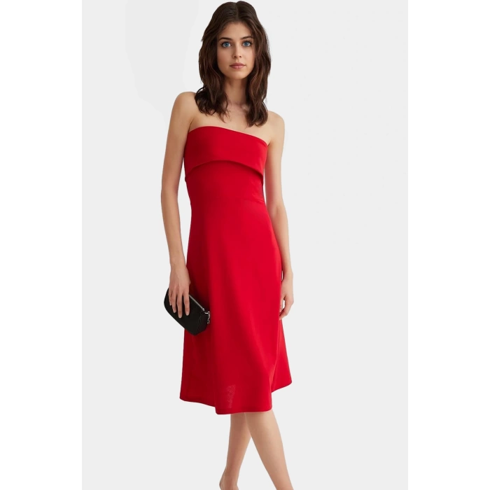 Straplez A line Midi Örme Elbise Polyester Karışımlı Yazlık Kaliteli İşçilik Seçkin Malzeme