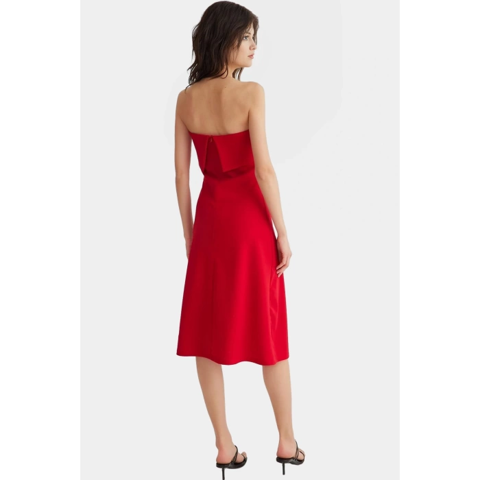 Straplez A line Midi Örme Elbise Polyester Karışımlı Yazlık Kaliteli İşçilik Seçkin Malzeme