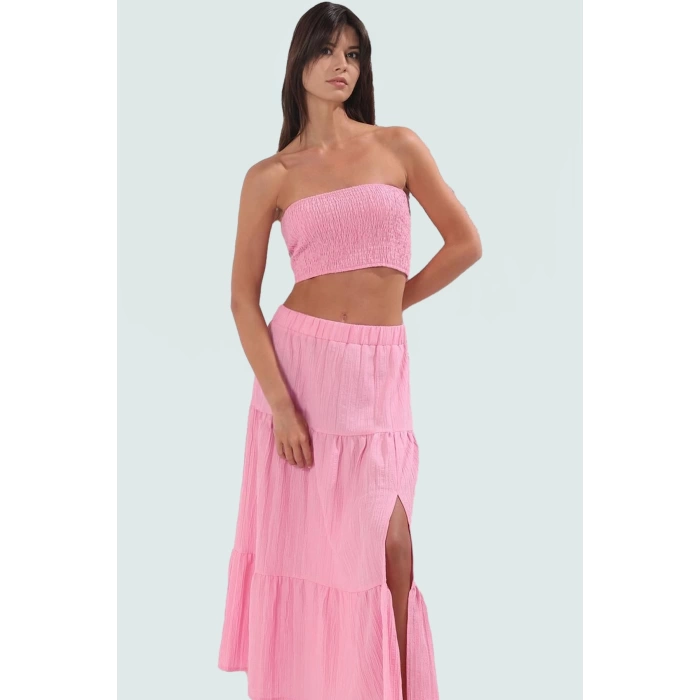 Straplez Bluz Etek Takım Dokulu Kumaş Şık Plaj Stili Seçkin Malzeme Modern Stil Uzun Ömürlü