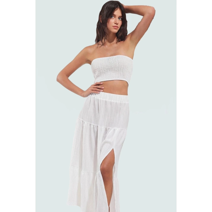 Straplez Bluz Etek Takım Dokulu Kumaş Şık Plaj Stili Seçkin Malzeme Modern Stil Uzun Ömürlü