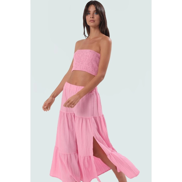 Straplez Bluz Etek Takım Dokulu Kumaş Şık Plaj Stili Seçkin Malzeme Modern Stil Uzun Ömürlü