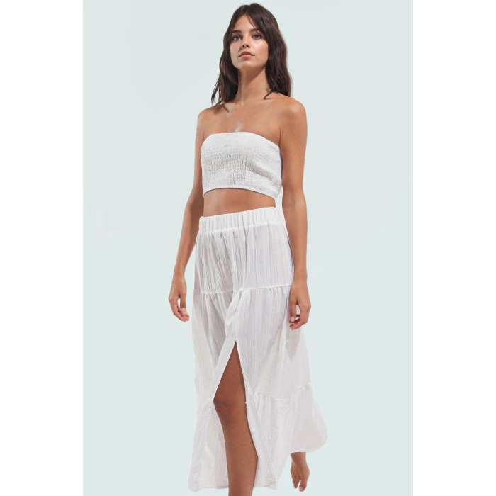 Straplez Bluz Etek Takım Dokulu Kumaş Şık Plaj Stili Seçkin Malzeme Modern Stil Uzun Ömürlü