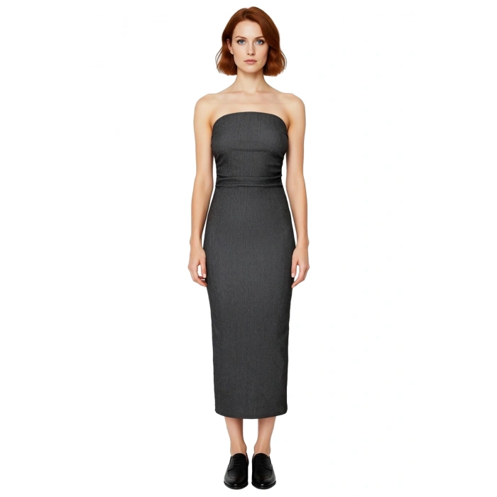 Straplez Bodycon Elbise Esnek Örme Kumaş Midi Boy Yazlık Konforlu Kesim Dayanıklı Malzeme