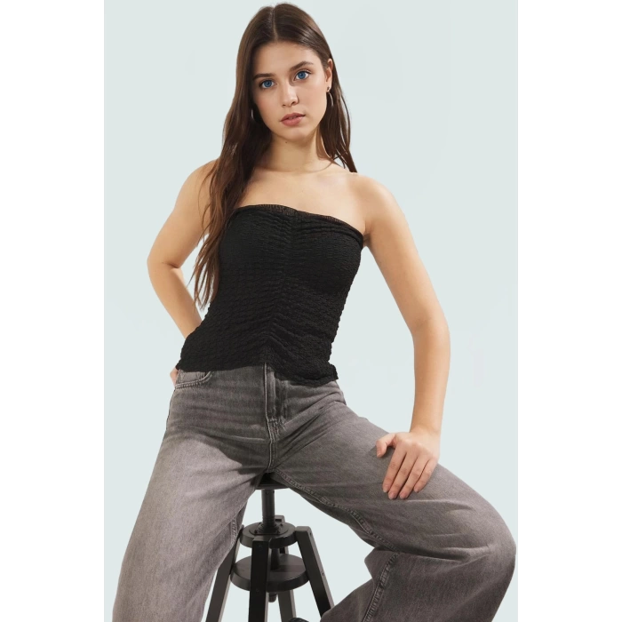 Straplez Büzgü Detaylı Örme Bluz Fitted Yazlık Esnek Modern Stil Özel Tasarım Mükemmel Uyum
