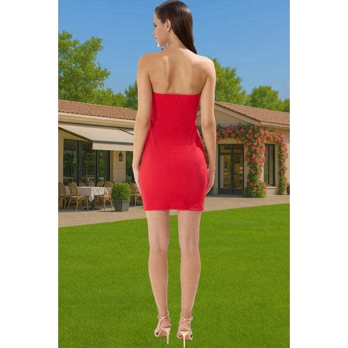Straplez Büzgülü Kısa Abiye Elbise Polyester Dokuma Yazlık Seçkin Malzeme Yüksek Kalite