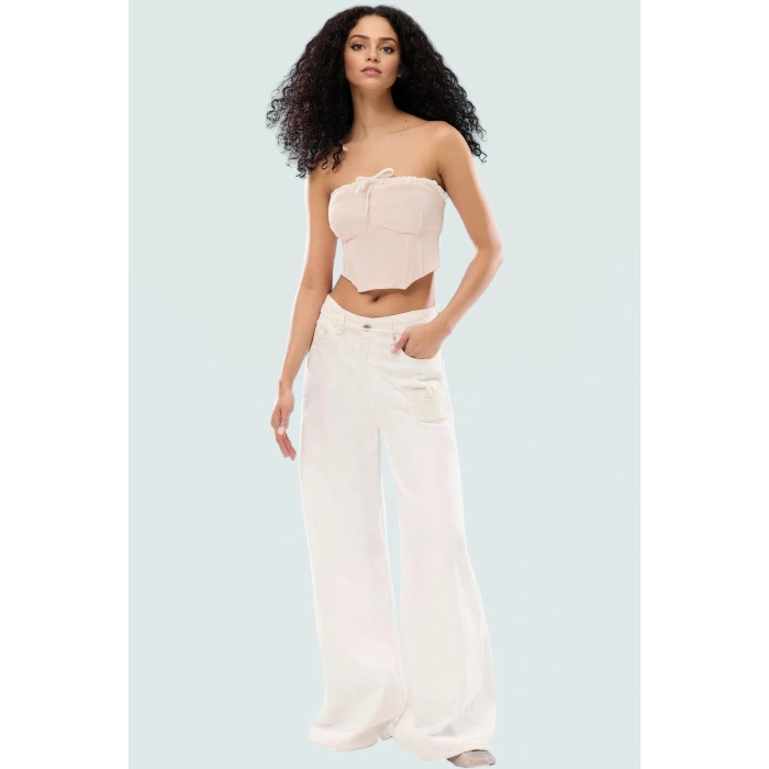 Straplez Crop Bluz Bağlama Detayli Dokuma Polyester Yazlık Kaliteli İşçilik Dayanıklı Malzeme