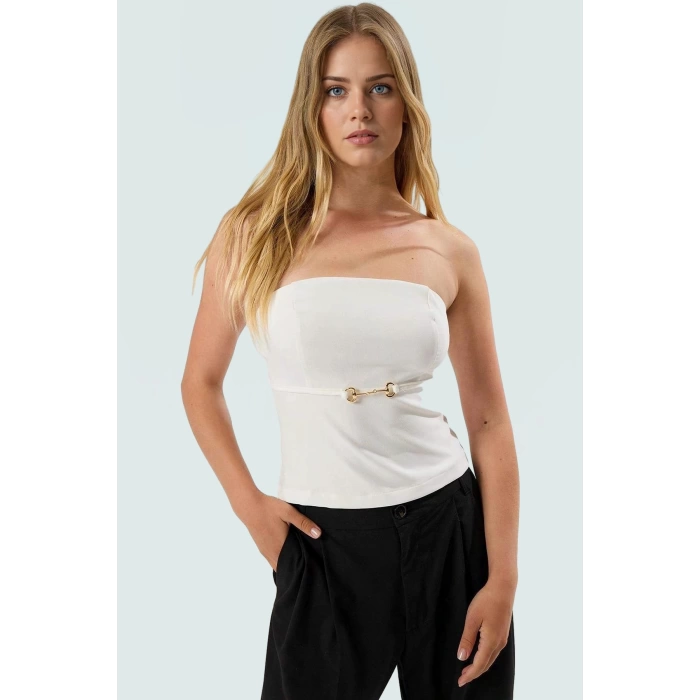 Straplez Fitted Bluz İnce Kemer Detayli Dokuma Yazlık Özel Tasarım Günlük Kullanım İçin