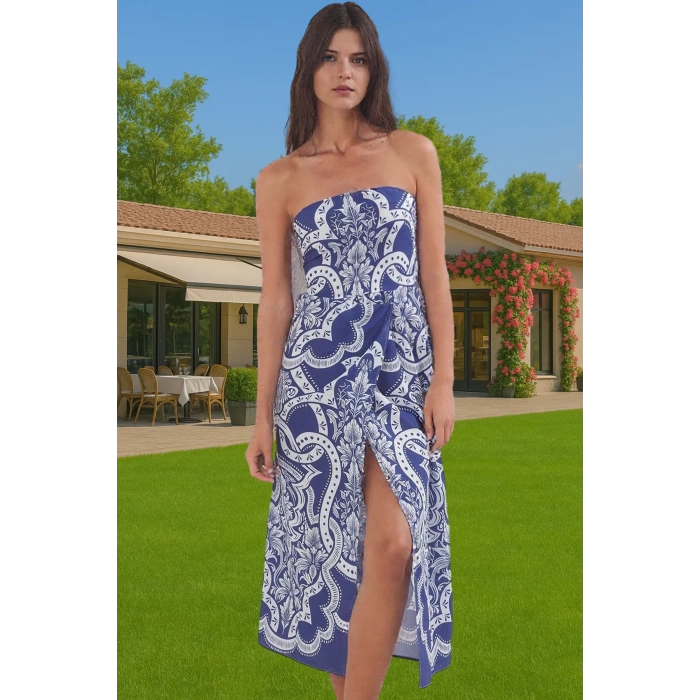 Straplez Maxi Plaj Elbisesi Çini Desenli Pamuklu Yazlık Modern Stil Yüksek Kalite Premium Kalite