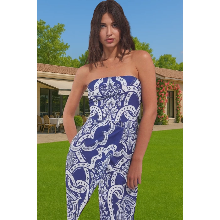 Straplez Maxi Plaj Elbisesi Çini Desenli Pamuklu Yazlık Modern Stil Yüksek Kalite Premium Kalite