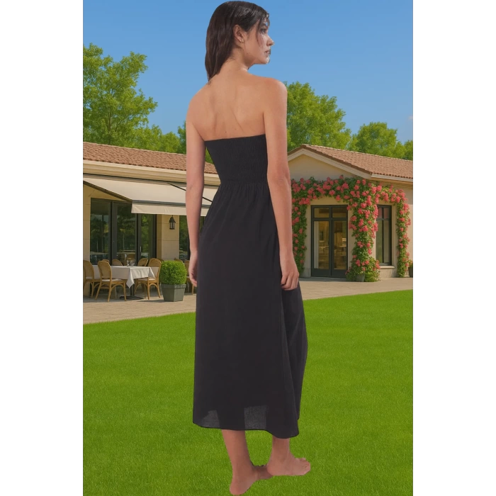 Straplez Maxi Plaj Elbisesi Çini Desenli Pamuklu Yazlık Modern Stil Yüksek Kalite Premium Kalite