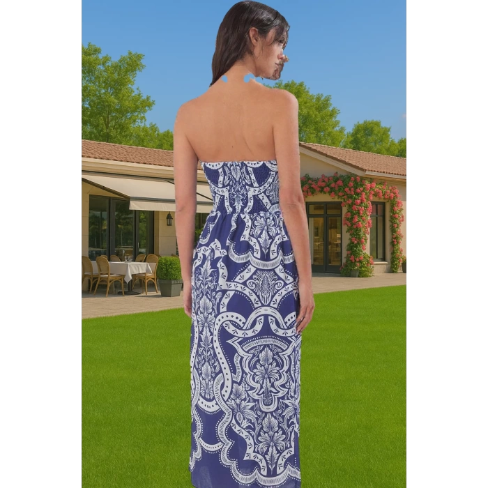 Straplez Maxi Plaj Elbisesi Çini Desenli Pamuklu Yazlık Modern Stil Yüksek Kalite Premium Kalite