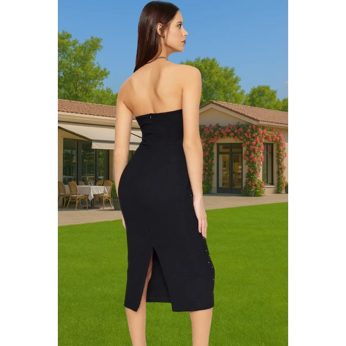 Straplez Taş Detaylı Midi Boy Elbise Polyester Kumaştan Şık Tasarım Dayanıklı Malzeme Rahat Ve Şık