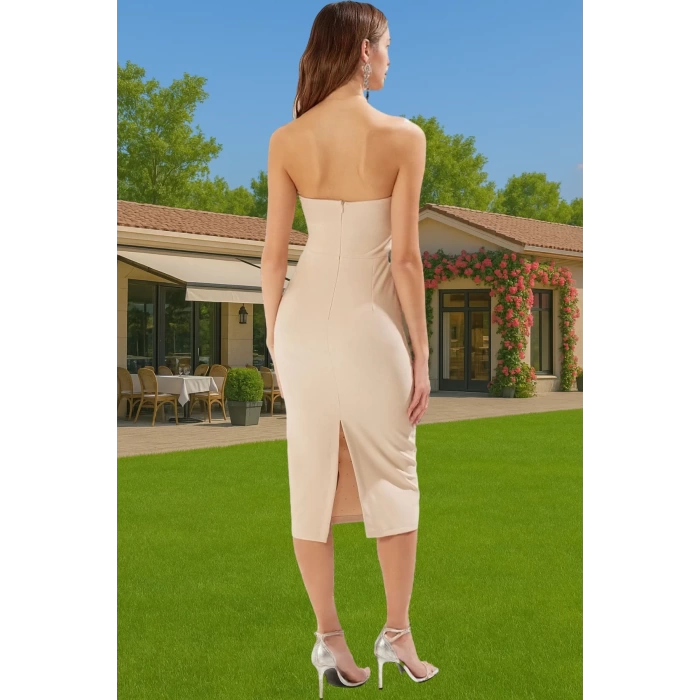 Straplez Taş Detaylı Midi Boy Elbise Polyester Kumaştan Şık Tasarım Dayanıklı Malzeme Rahat Ve Şık
