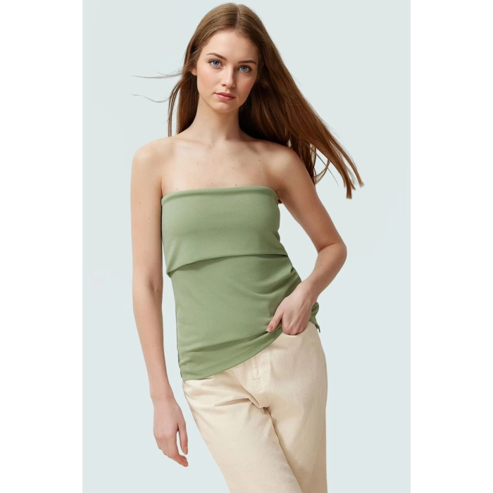 Straplez Yandan Fermuarlı Krep Örme Bluz Modern Stil Trend Tasarım Yüksek Kalite