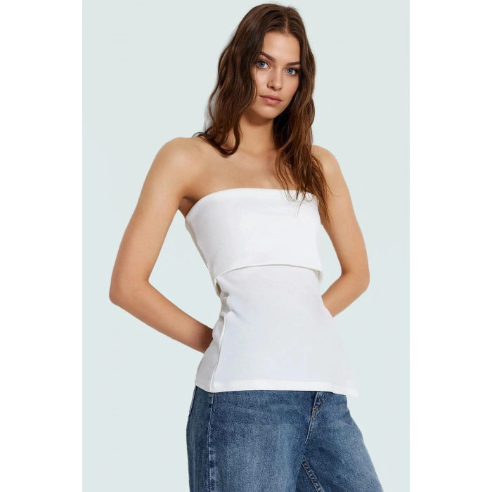 Straplez Yandan Fermuarlı Krep Örme Bluz Modern Stil Trend Tasarım Yüksek Kalite