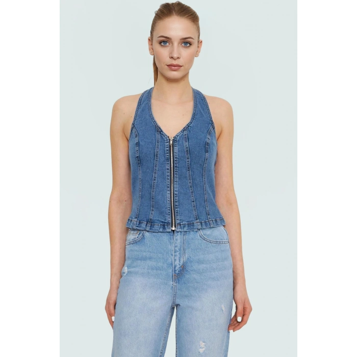 Stretch Denim Bluz Ön Fermuarlı Halter Yaka Regular Günlük Kombinler Özenle Seçilmiş