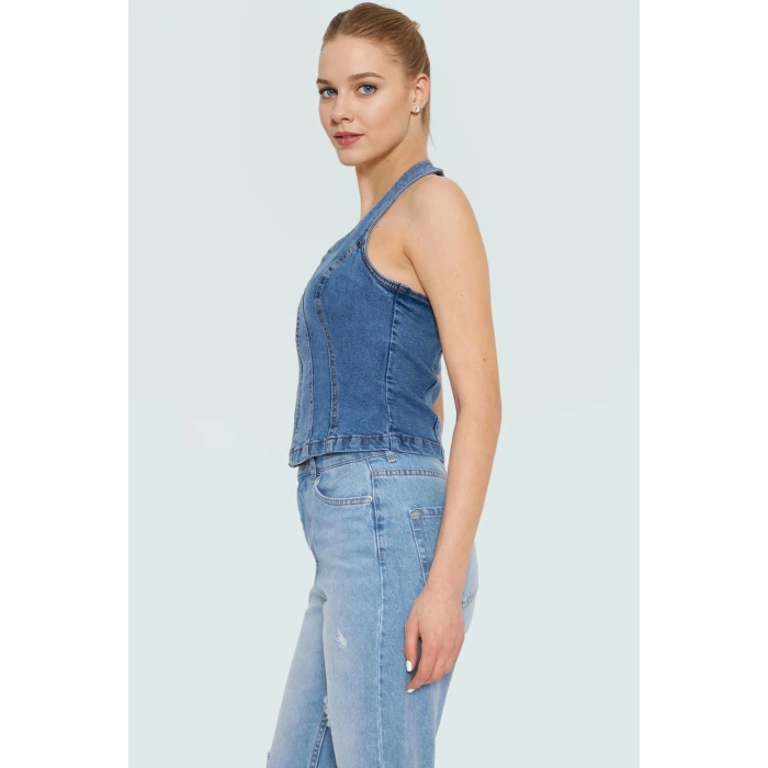 Stretch Denim Bluz Ön Fermuarlı Halter Yaka Regular Günlük Kombinler Özenle Seçilmiş