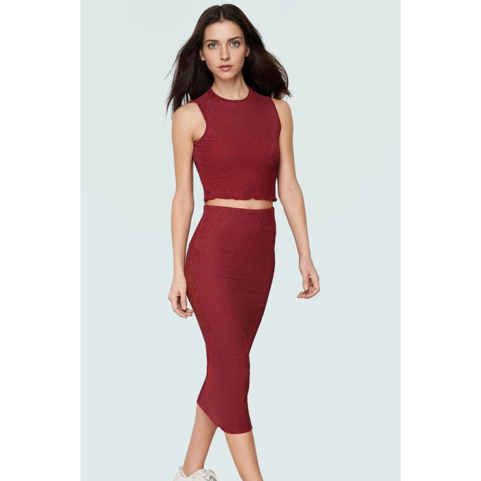 Tarçın Dokulu Fitted Midi Örme Bluz Etek Takım Günlük Stil Yüksek Kalite Seçkin Malzeme Uzun Ömürlü