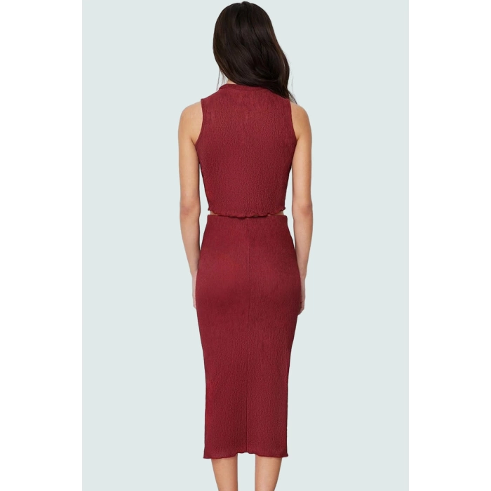 Tarçın Dokulu Fitted Midi Örme Bluz Etek Takım Günlük Stil Yüksek Kalite Seçkin Malzeme Uzun Ömürlü