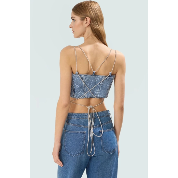 Taş Detaylı Denim Super Crop Bluz Yaz Partileri İçin Trend Tasarım Yüksek Kalite