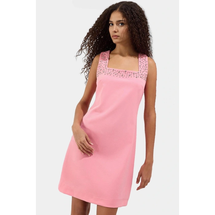 Taş Detaylı Kolsuz Mini Elbise %88 Polyester Yazlık Finike Dokuma Şık Görünüm Kaliteli İşçilik