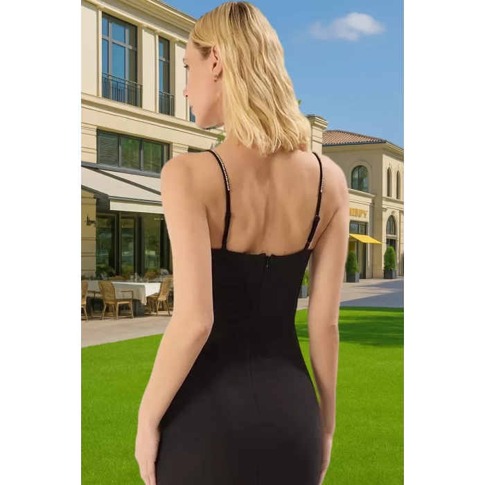 Taş Detaylı V Yaka Midi Abiye Elbise Polyester Dokuma Yazlık Şık Seçkin Malzeme Şık Görünüm