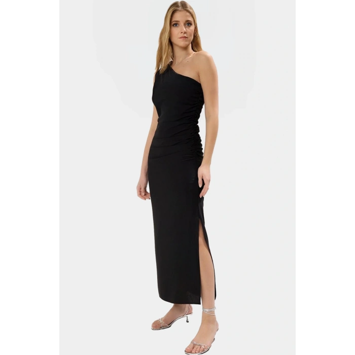 Tek Omuz Midi Boy Bodycon Soft Krep Polyester Elbise Dayanıklı Malzeme Rahat Kullanım