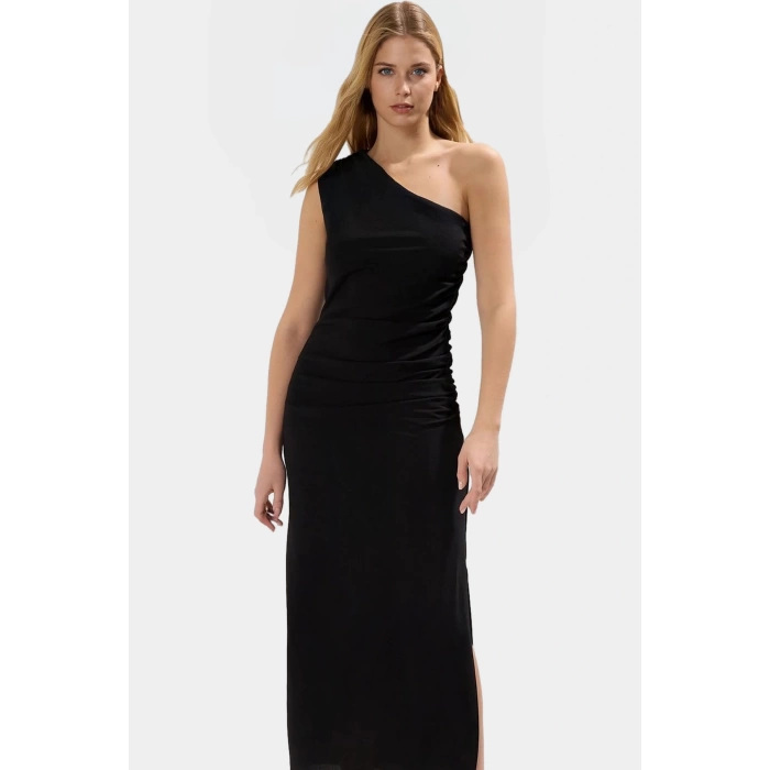 Tek Omuz Midi Boy Bodycon Soft Krep Polyester Elbise Dayanıklı Malzeme Rahat Kullanım